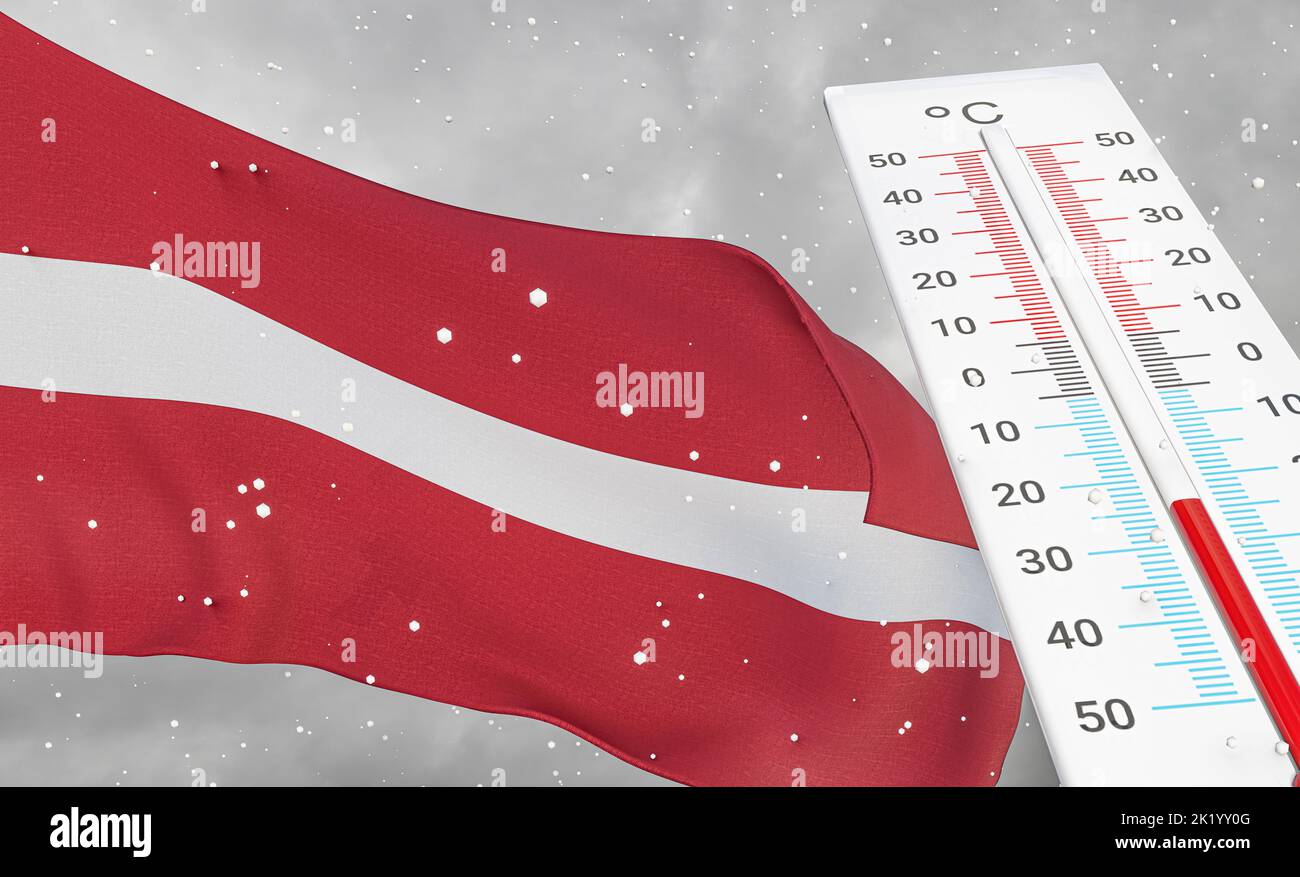 Winter in Latvia with severe cold, negative temperature, Cold season in Latvia, cruelest coldest weather in Latvia, Flag Latvia with thermometer. 3D w Stock Photo
