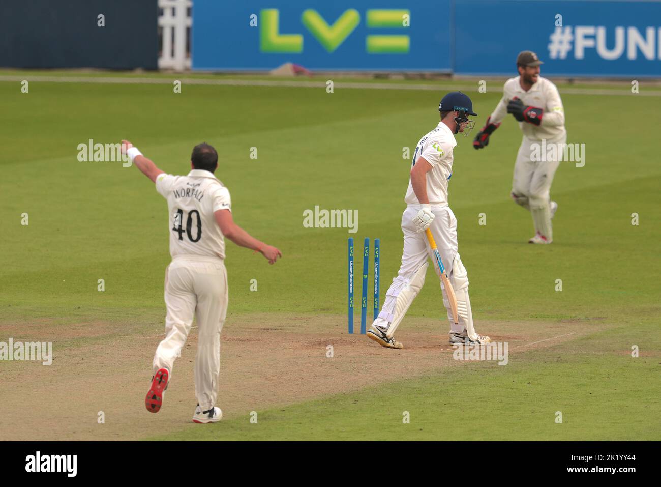 21 September, 2022. London, UK. Surrey’s Dan Worrall bowls Finlay Bean as Surrey take on Yorkshire in the County Championship at the Kia Oval, day two. David Rowe/Alamy Live News Stock Photo