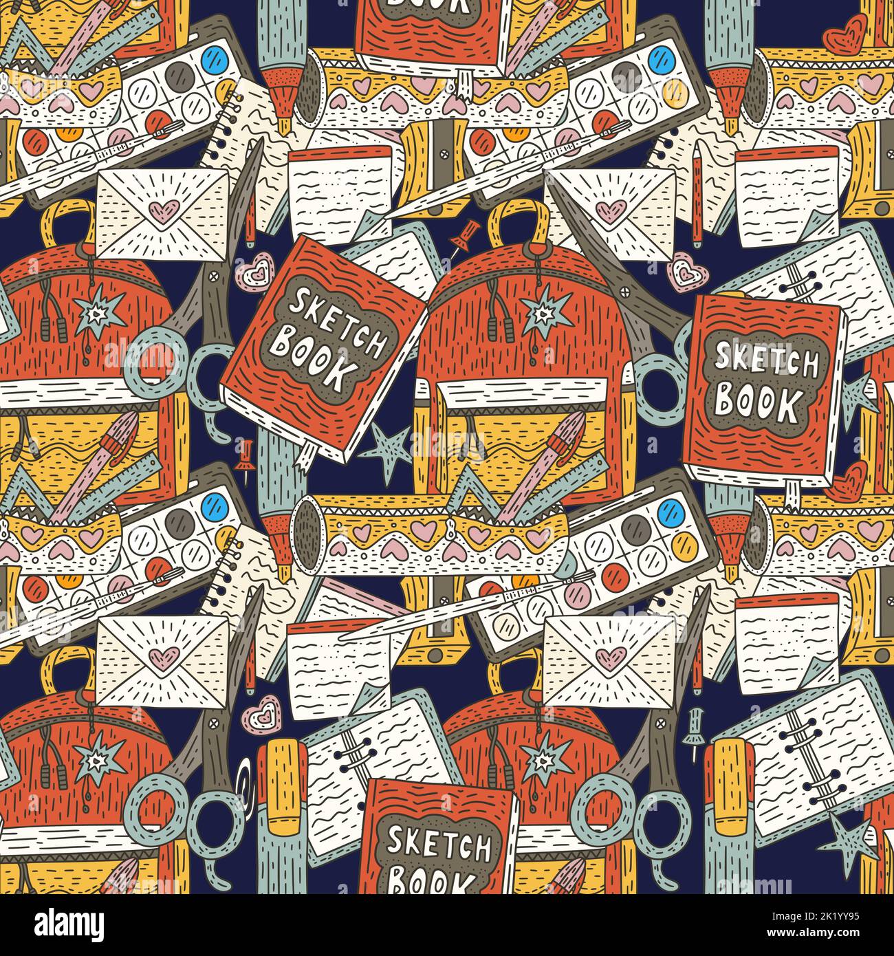 School bag teacher education seamless vector pattern doodle with supplies Stock Vector