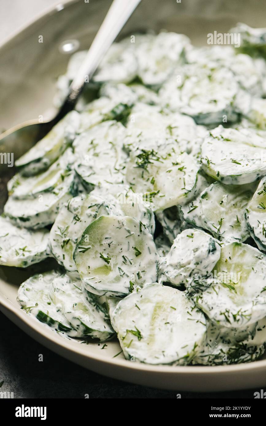 Creamy Cucumber Salad with Dill Close-up Stock Photo