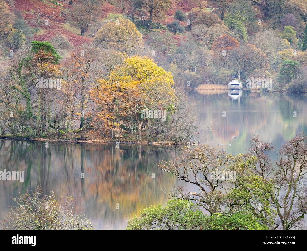 Autumn foliage is reflected in Rydal Water on a calm November morning, with the famous boathouse anchoring the scene. Stock Photo