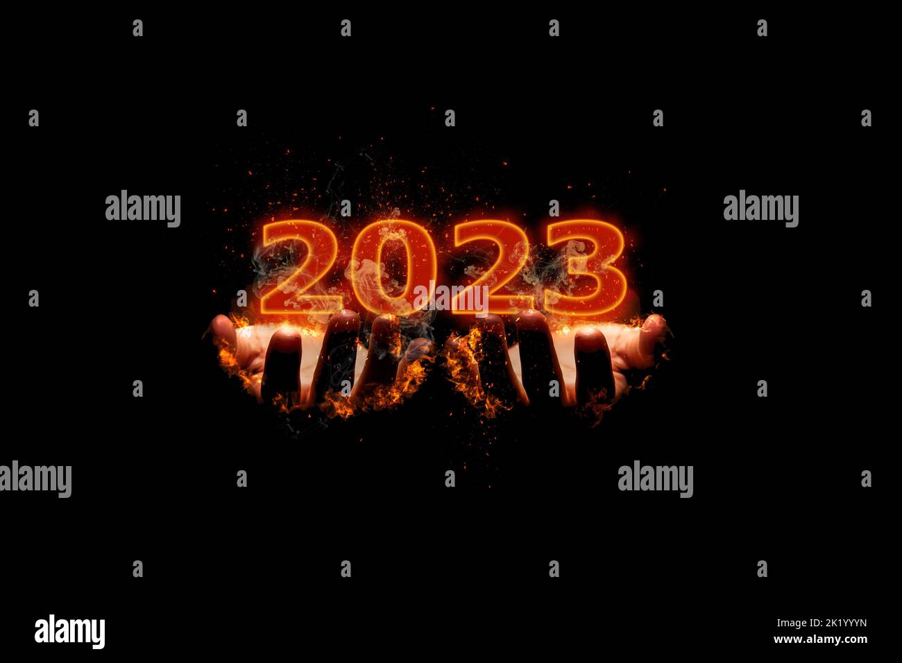 3D illustration New Year concept 2023 design with text fire design on ...