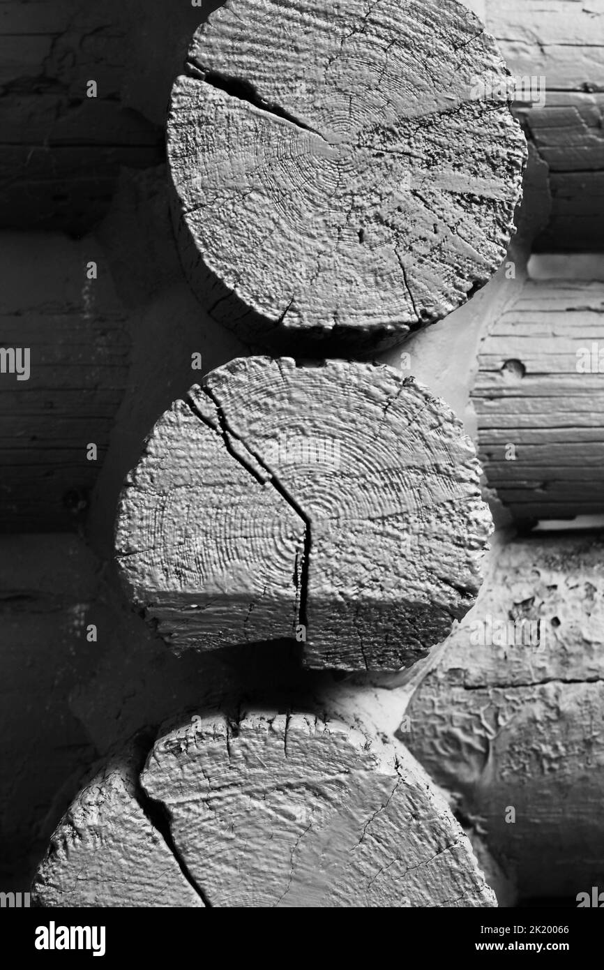 Corner detail of a vintage wooden log cabin framework in a black and white monochrome. Stock Photo