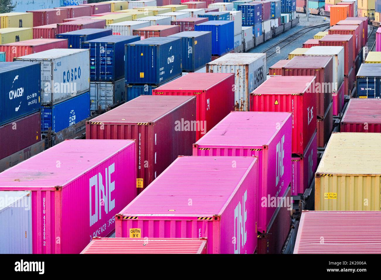 Shipping containers in railway freight yard, Vancouver, British Columbia, Canada Stock Photo