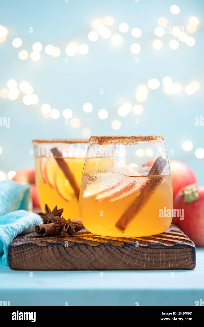 Hard apple cider cocktail with fall cinnamon and star anise. Thanksgivings holiday drink Stock Photo