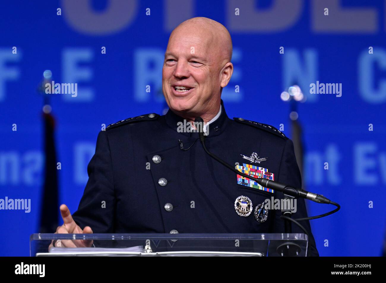 National Harbor, United States of America. 20 September, 2022. U.S. Space Force Chief of Space Operations Gen. John “Jay” Raymond delivers a keynote address on the state of the Space Force during the 2022 Air, Space and Cyber Conference September 20, 2022 in National Harbor, Maryland, USA. Credit: Eric Dietrich/U.S. Space Force photo/Alamy Live News Stock Photo