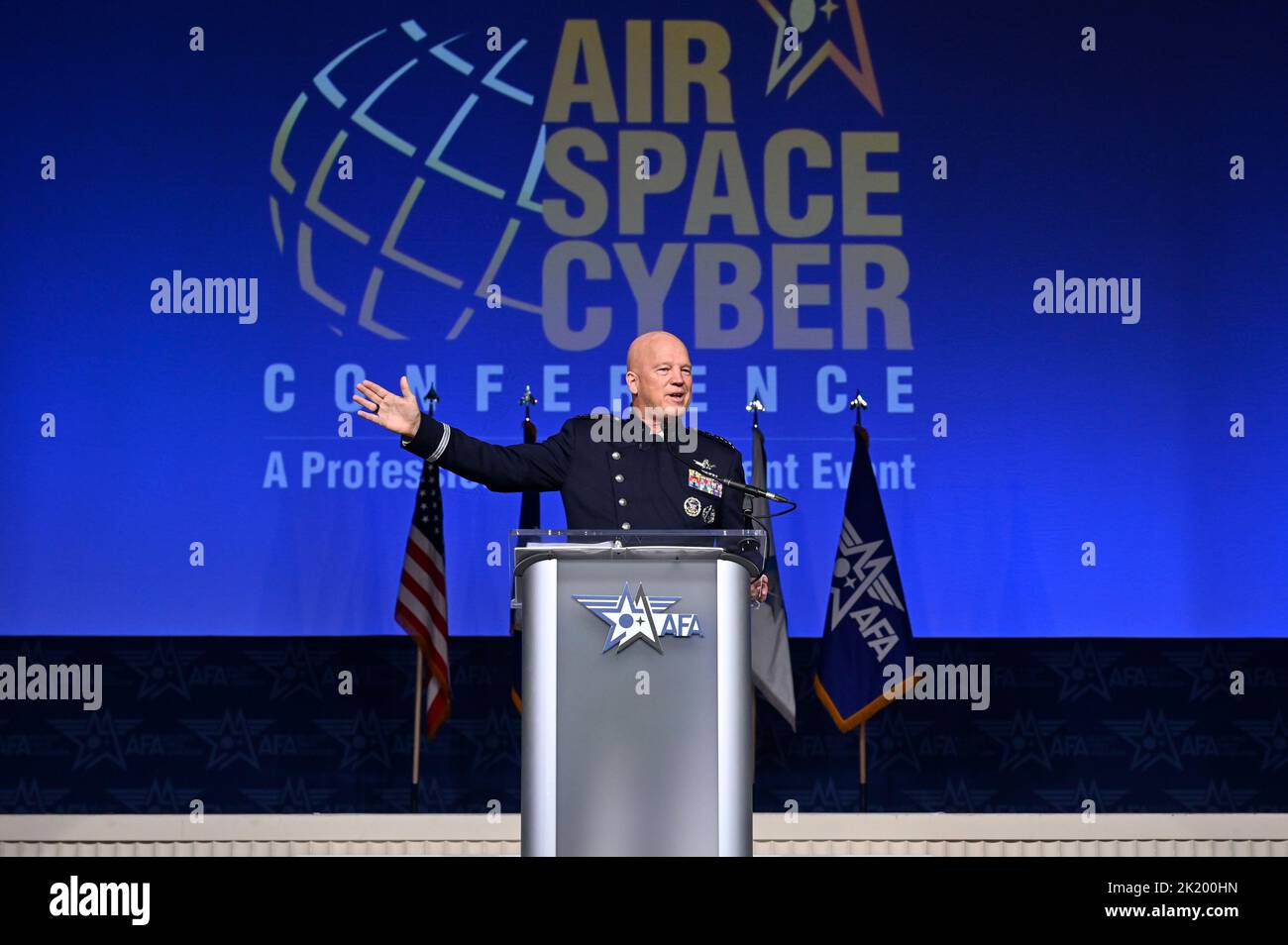 National Harbor, United States of America. 20 September, 2022. U.S. Space Force Chief of Space Operations Gen. John “Jay” Raymond delivers a keynote address on the state of the Space Force during the 2022 Air, Space and Cyber Conference September 20, 2022 in National Harbor, Maryland, USA. Credit: Eric Dietrich/U.S. Space Force photo/Alamy Live News Stock Photo