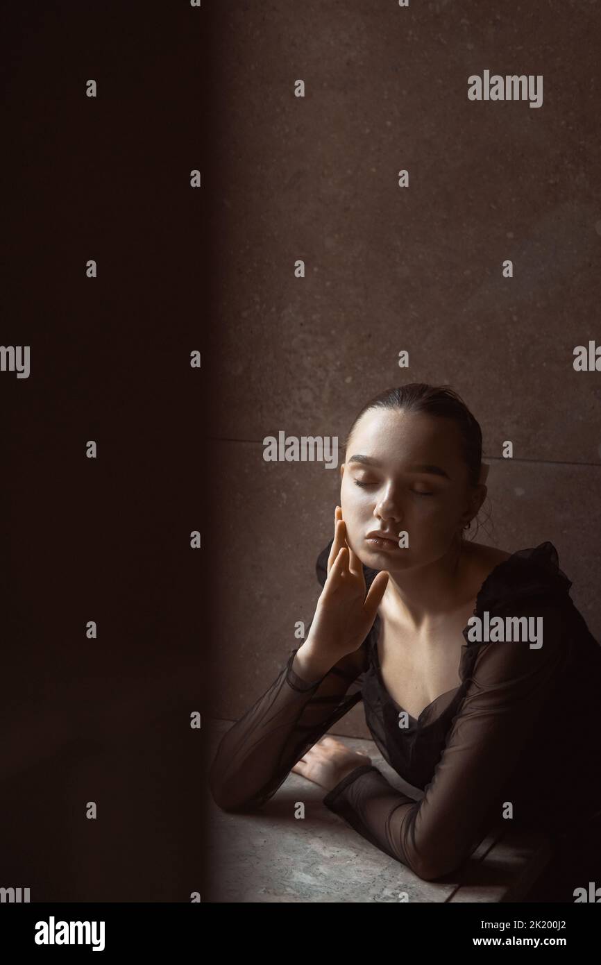 Portrait of a young girl with closed eyes Stock Photo - Alamy