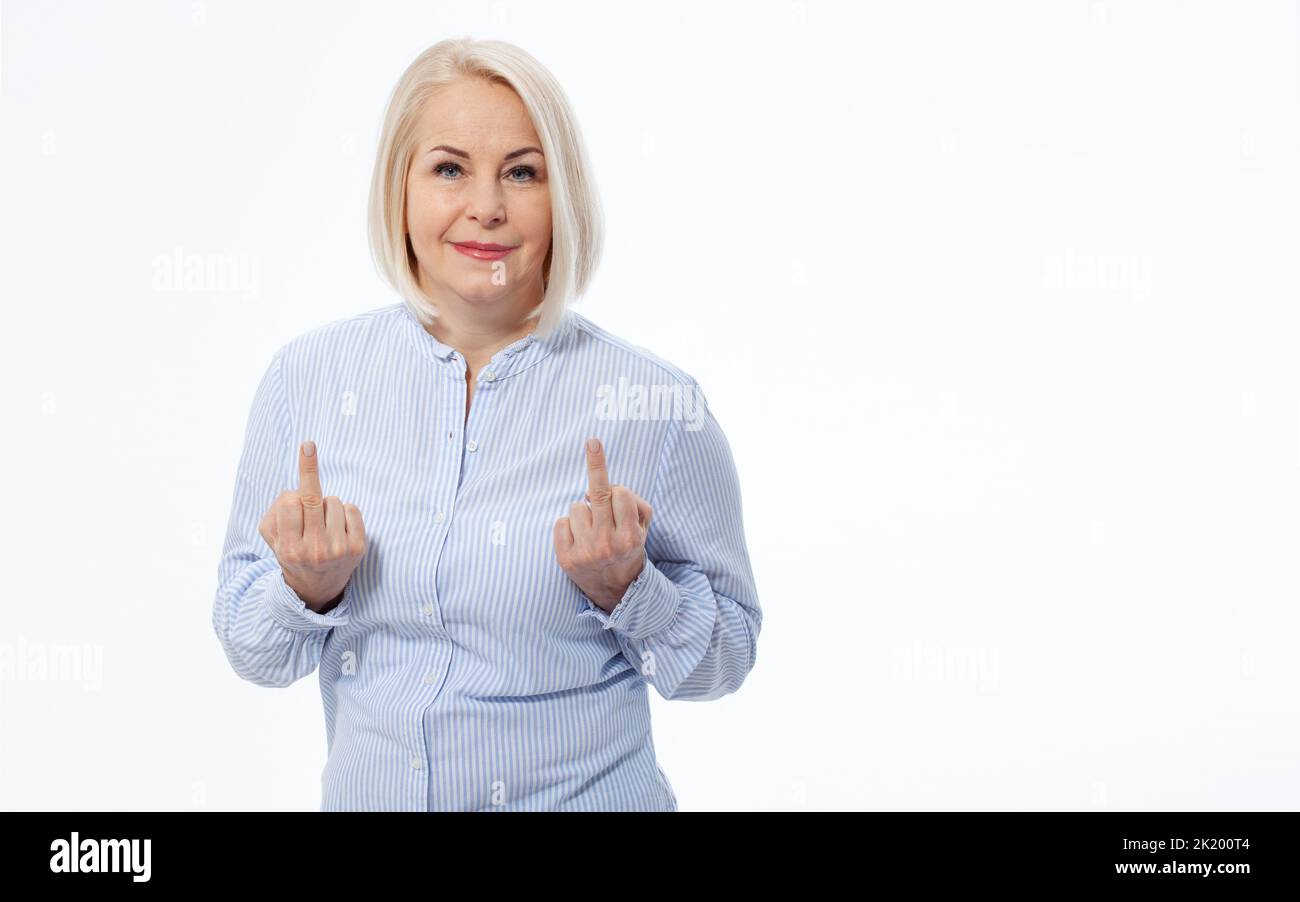 Crazy woman showing middle finger over white background Stock Photo