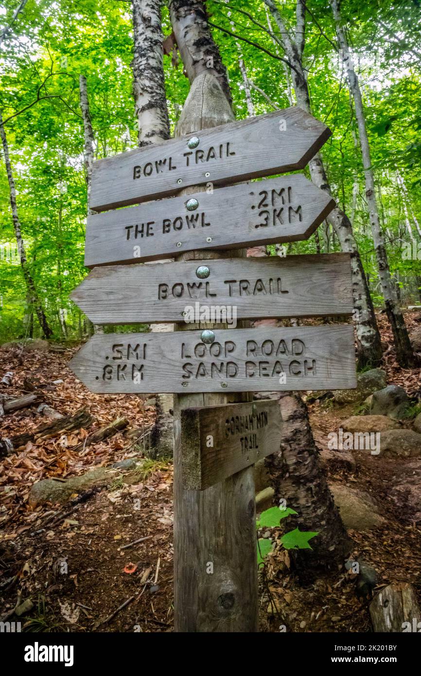 A description board for the trail in Acadia National Park, Maine Stock Photo