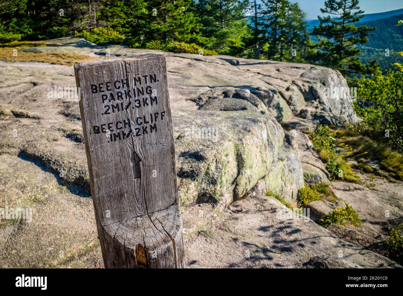 A description board for the trail in Acadia National Park, Maine Stock Photo