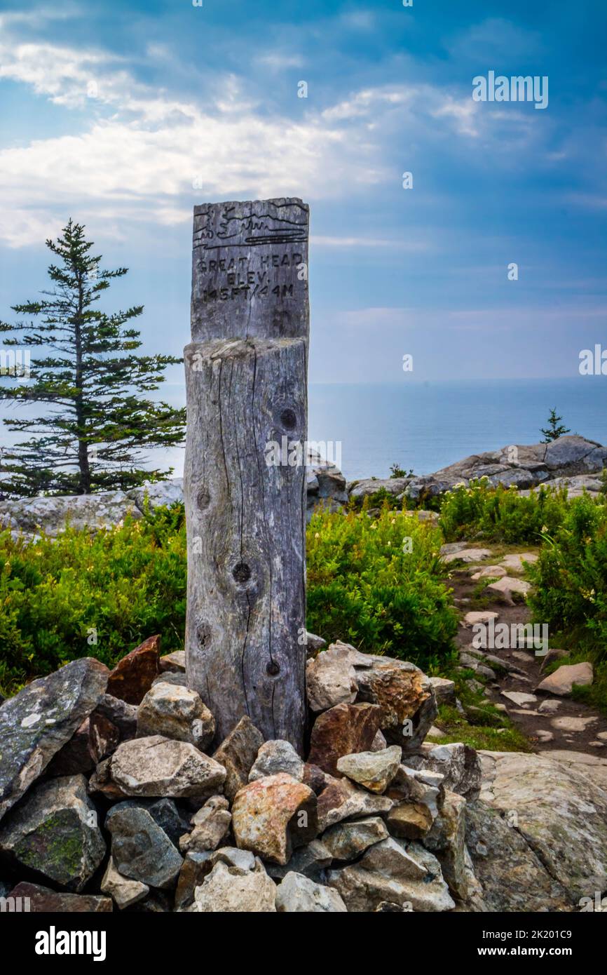 A description board for the trail in Acadia National Park, Maine Stock Photo