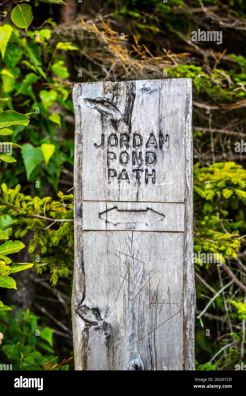 A description board for the trail in Acadia National Park, Maine Stock Photo