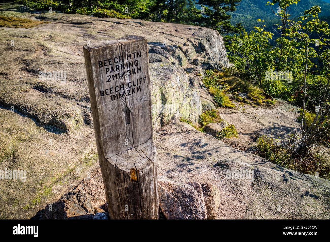 A description board for the trail in Acadia National Park, Maine Stock Photo