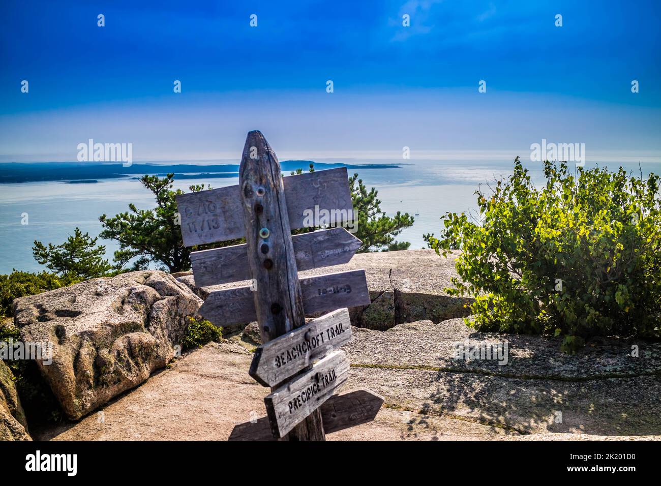 A description board for the trail in Acadia National Park, Maine Stock Photo