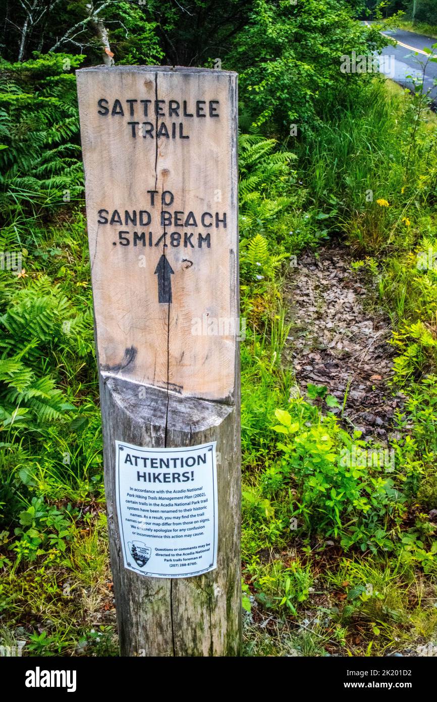 A description board for the trail in Acadia National Park, Maine Stock Photo