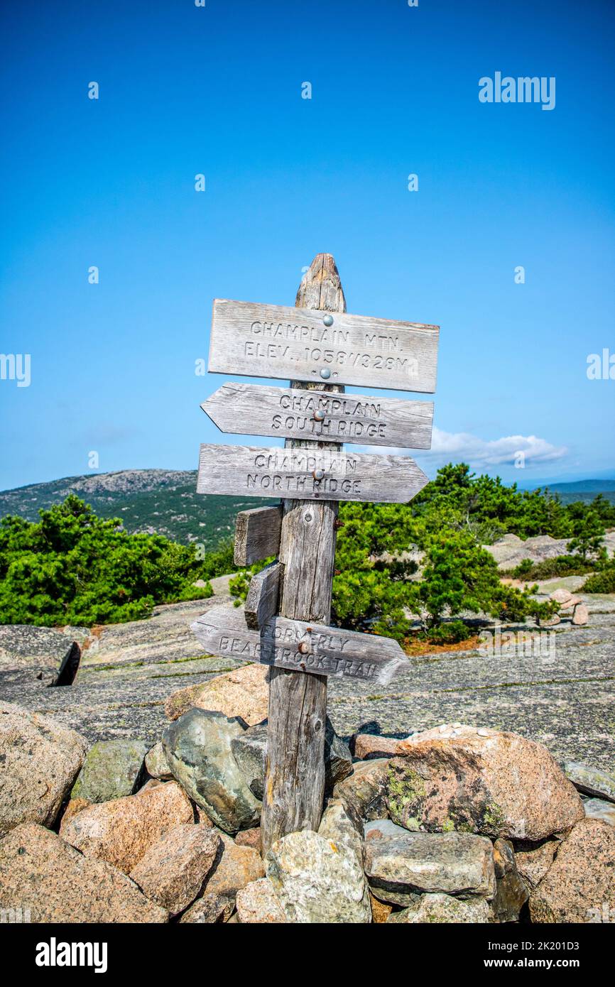 A description board for the trail in Acadia National Park, Maine Stock Photo