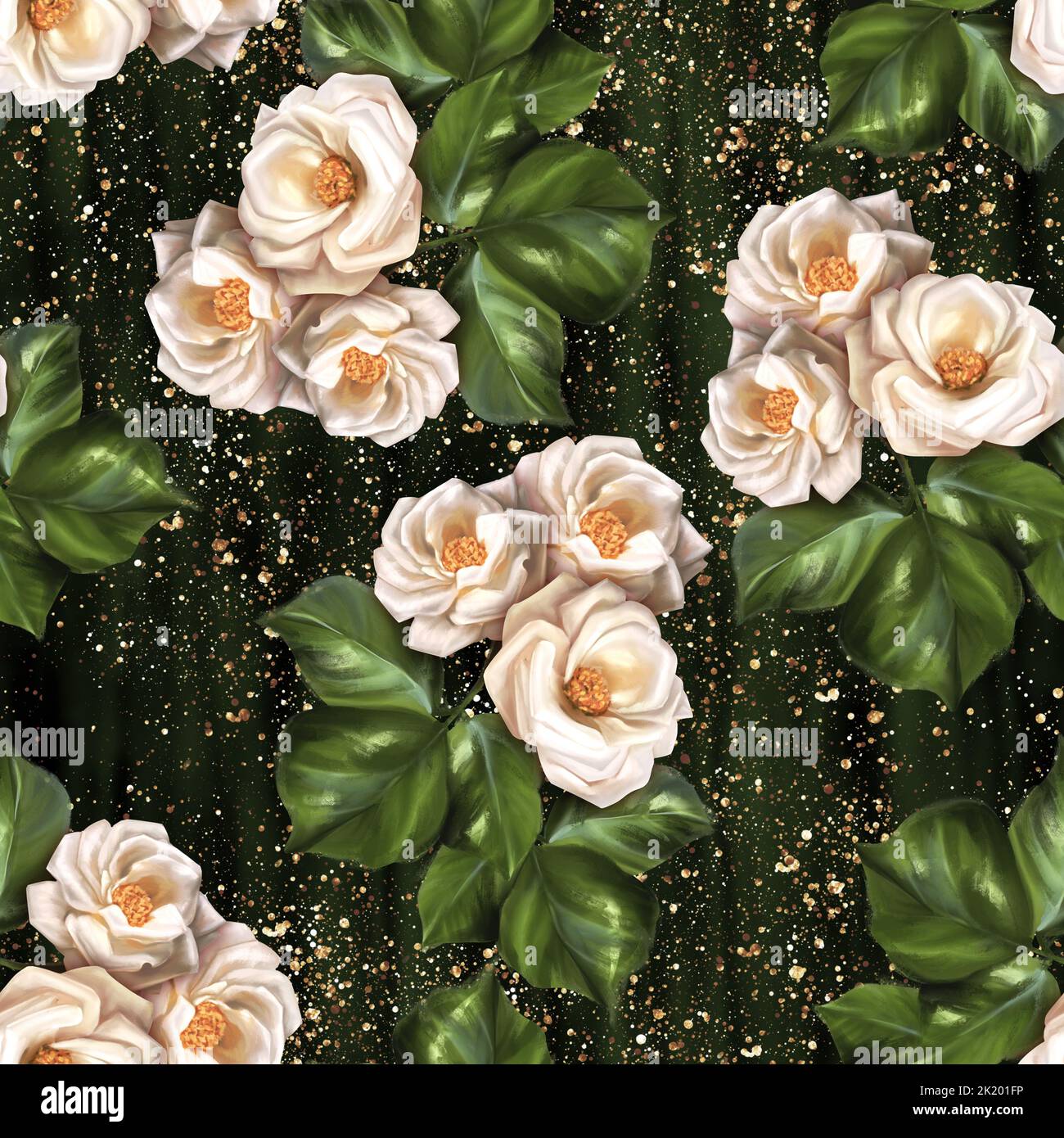 Seamless pattern with white rose flowers on black. Floral background ...