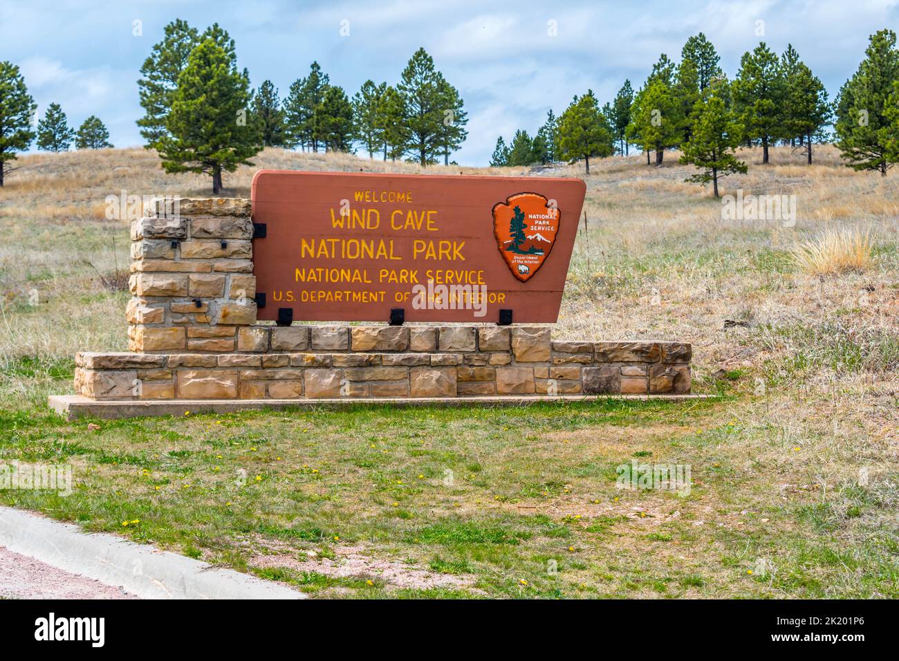 An entrance road going to Wind Cave National Park, South Dakota Stock Photo