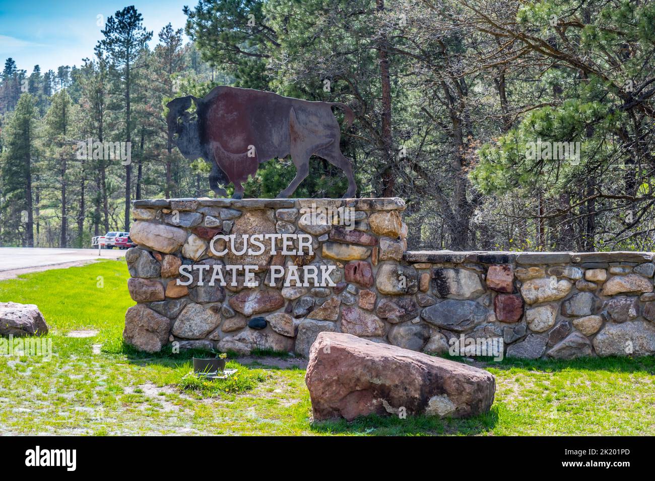 An entrance road going to Custer State Park, South Dakota Stock Photo