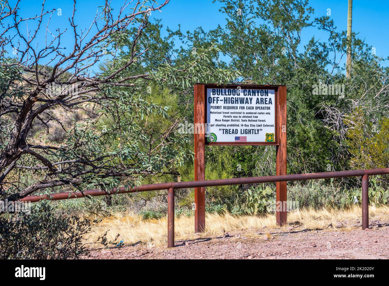 A description board requiring permit to use in Apache Trail, Arizona Stock Photo