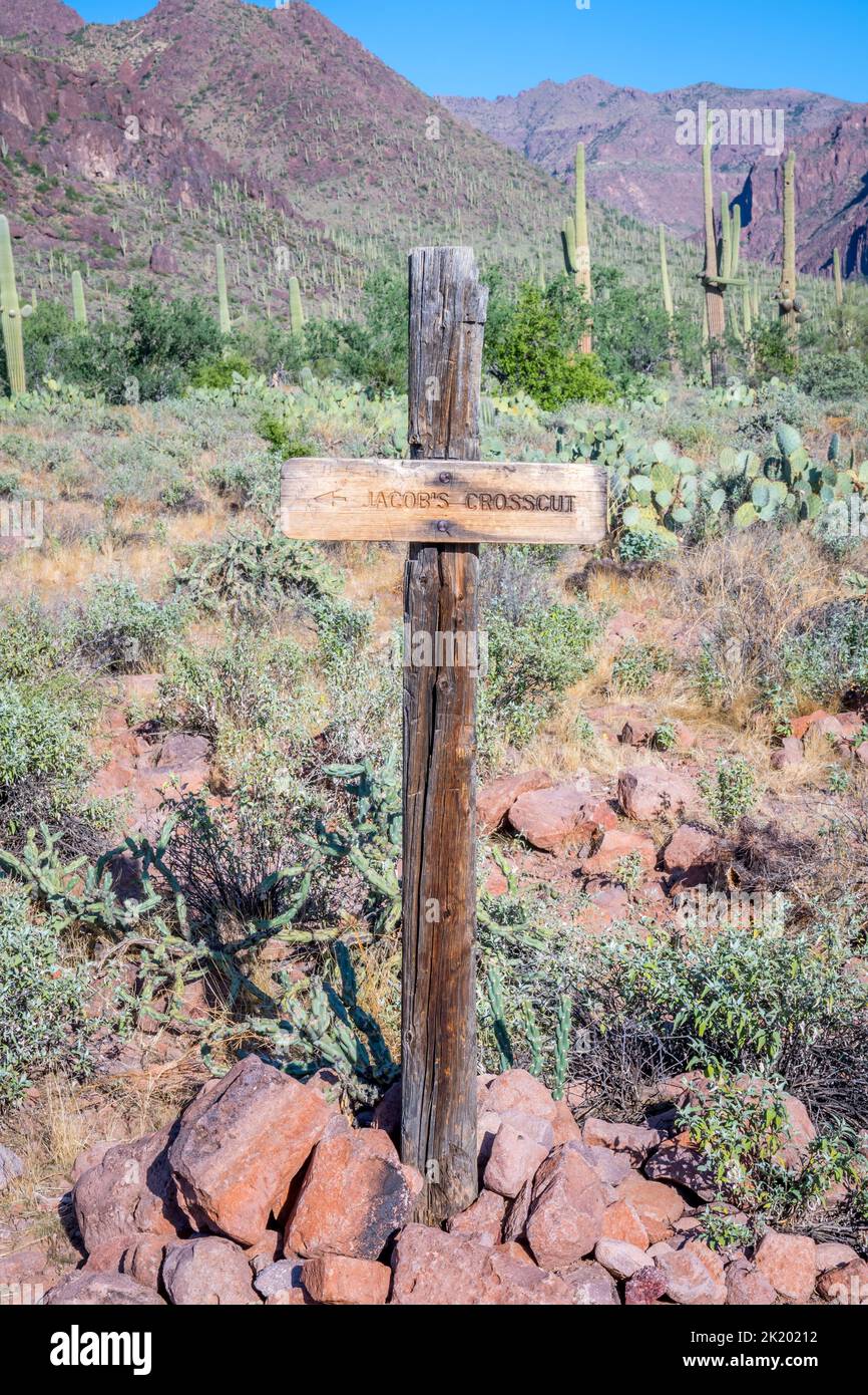 A description board for the trail in Apache Trail, Arizona Stock Photo