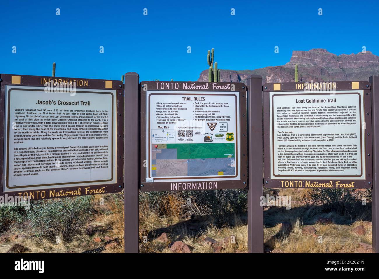 A description board for the trails in Apache Trail, Arizona Stock Photo