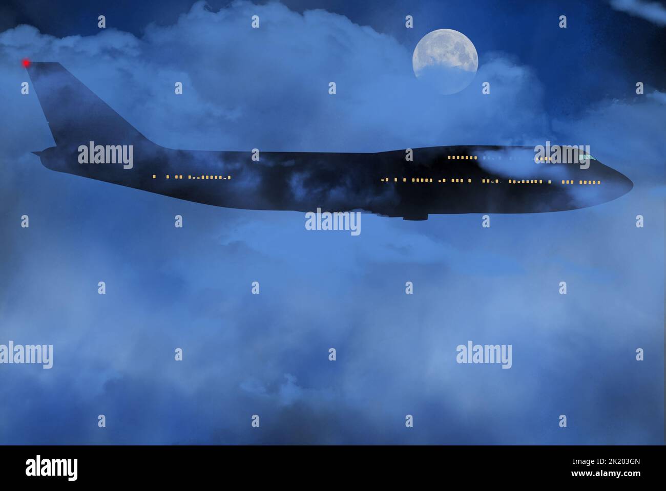 A passenger jet, an airliner, is seen flying though clouds and night with a full moon breaking through the clouds and fog in a 3-d illustration. Stock Photo