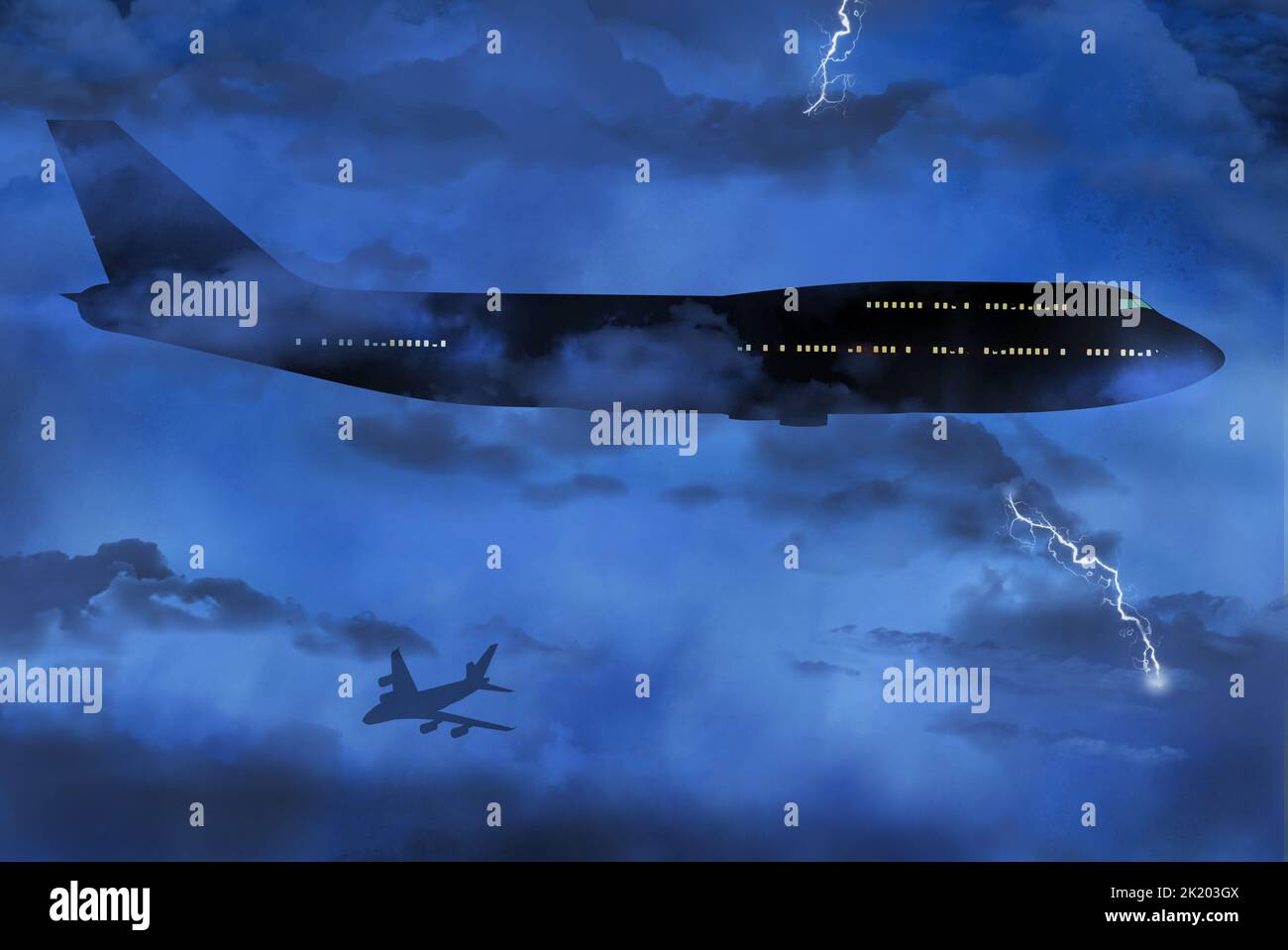 A passenger jet is seen flying in bad weather through a storm with lightning at night in this 3-d illustration. Stock Photo