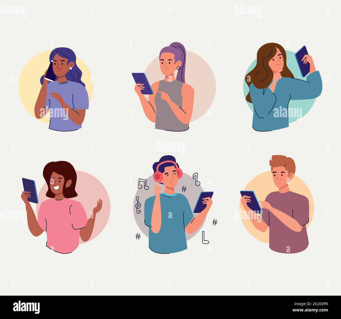 six persons using smartphones Stock Vector