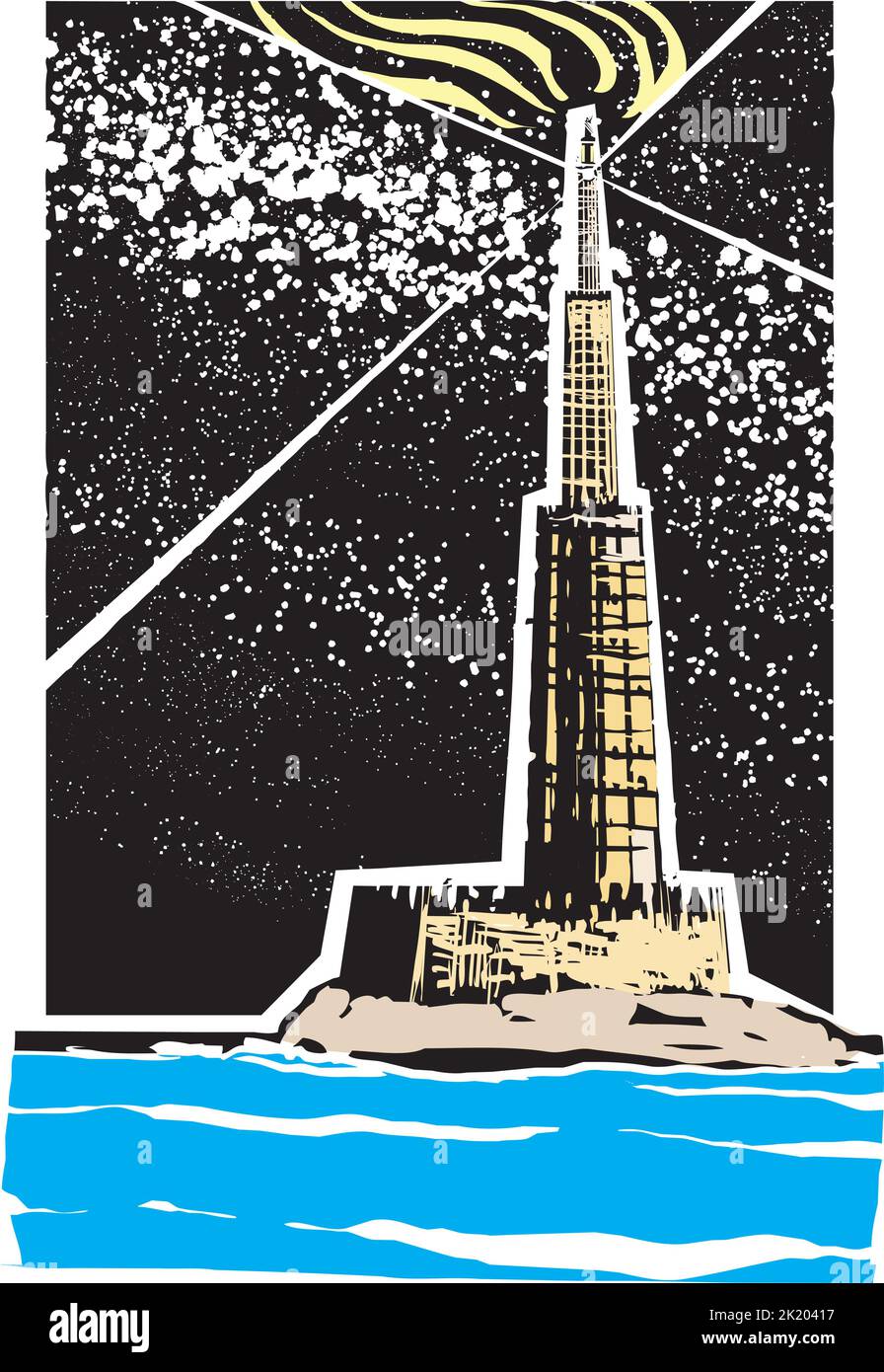 Woodcut Style Lighthouse Of Alexandria Wonder Of The World Stock woodcut-style-lighthouse-of-alexandria-wonder-of-the-world-stock