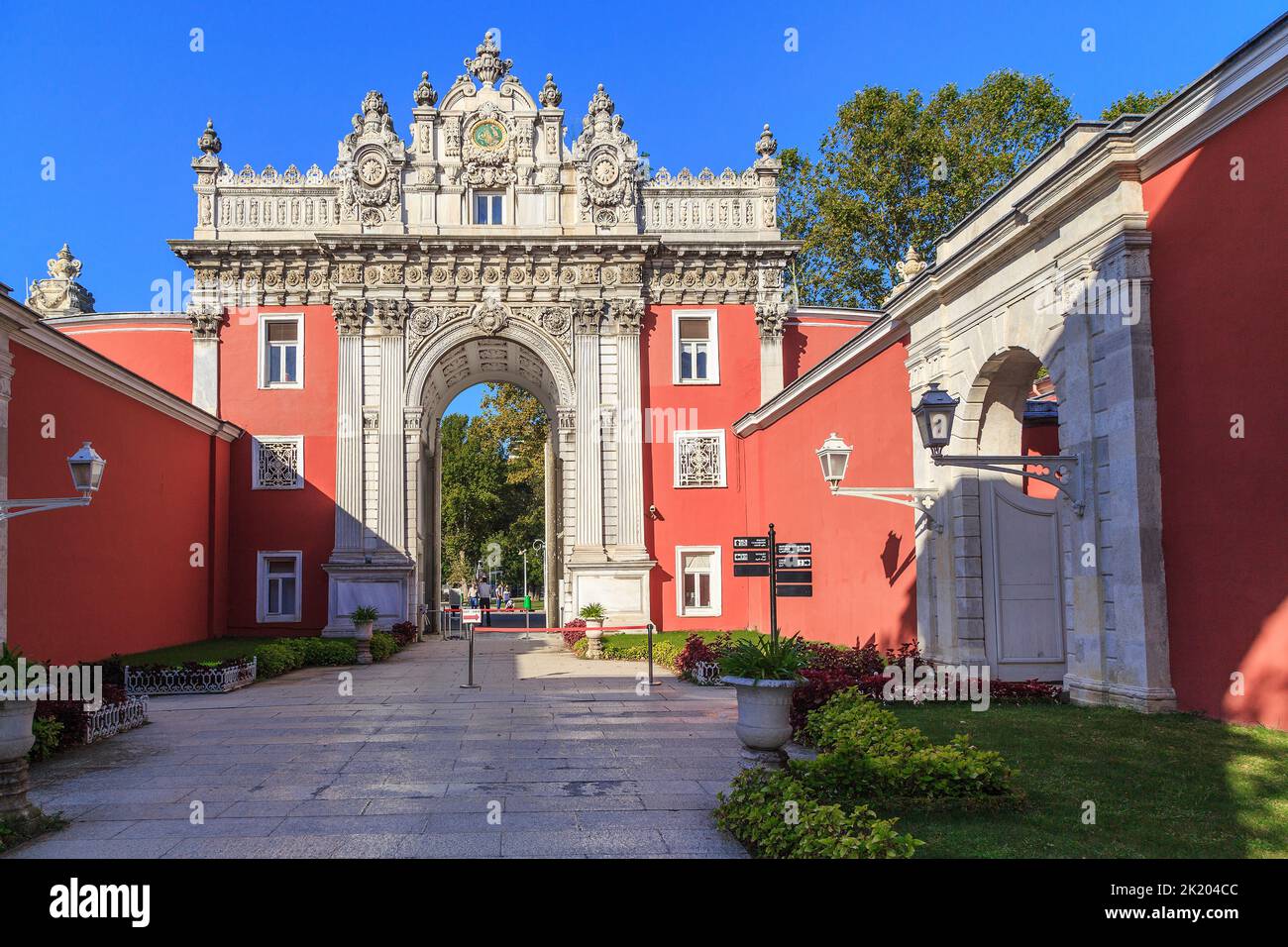 ISTANBUL, TURKEY - SEPTEMBER 13, 2017: This is a view of the Main Gate of the Dolmabahche Palace from the side of the palace and park complex. Stock Photo