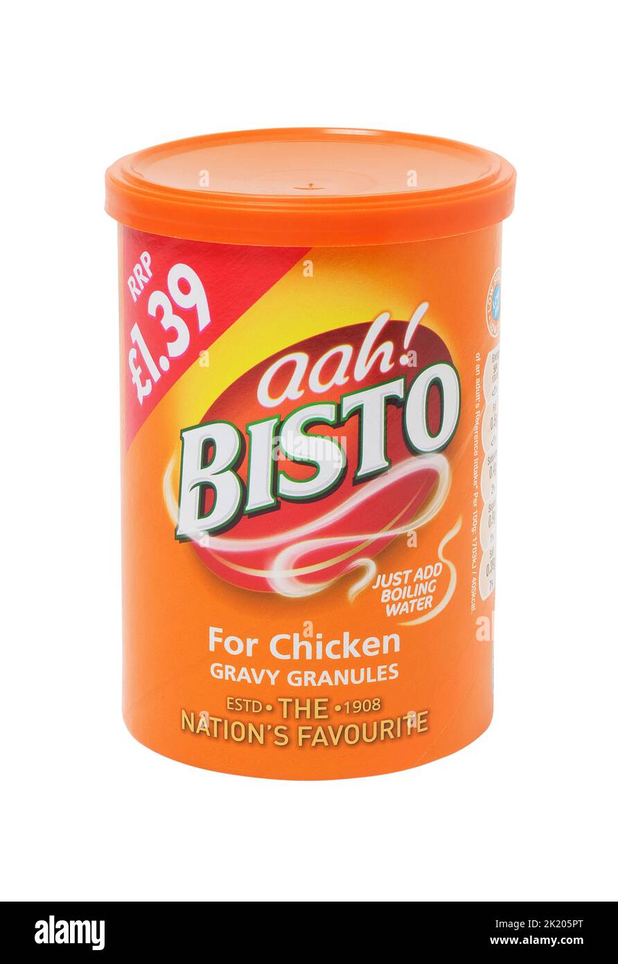 Jar of Bisto chicken gravy granules isolated on white with clipping