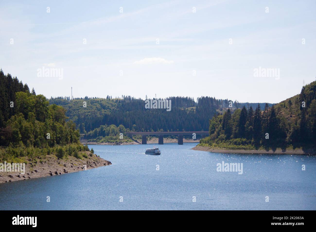 Tourist boat on the Oker-Dam lake Stock Photo