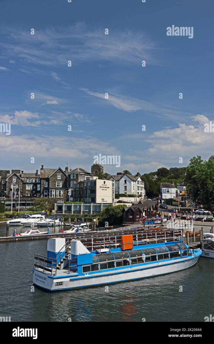 Bowness Piers and tourist boats, Windermere Stock Photo