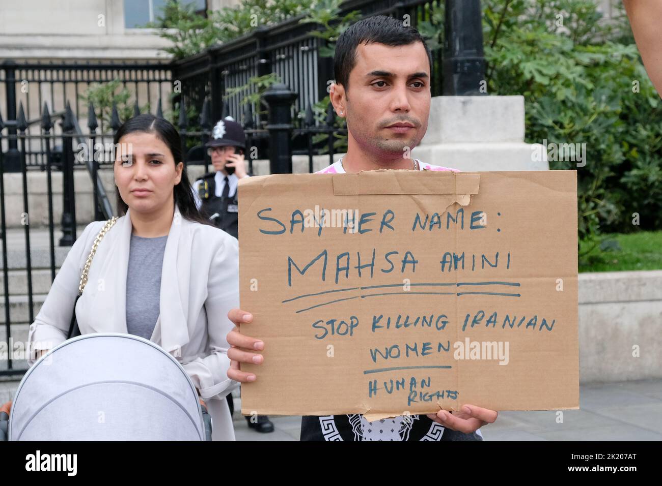 Trafalgar Square, London, UK. 21st Sept 2022. Protest in Trafalgar Square against the death of Mahsa Amini in police custody in Iran.Credit: Matthew Chattle/Alamy Live News Stock Photo