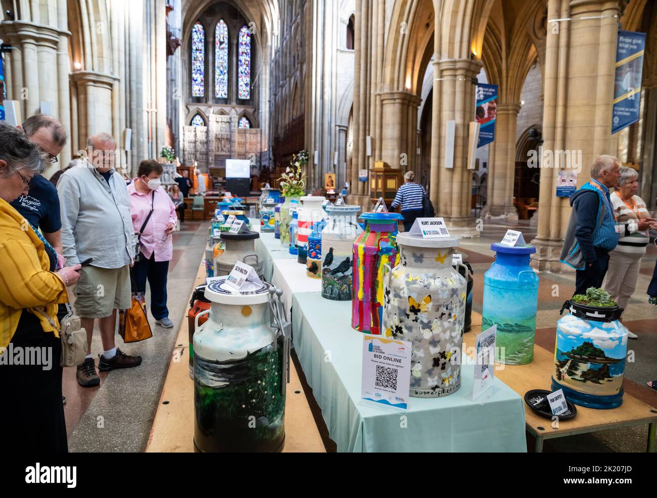 Truro,Cornwall,UK,21st September 2022,Around Cornwall in 38 churns is a passionately created project by Sue Dennett to raise funds for Cornwall Hospice Care whilst showcasing Cornwall’s very talented artists and also highlighting many stunning locations across the county. The churns have been on display all across the county before being showcased today in Truro Cathedral then auctioned this Evening.Credit: Keith Larby/Alamy Live News Stock Photo
