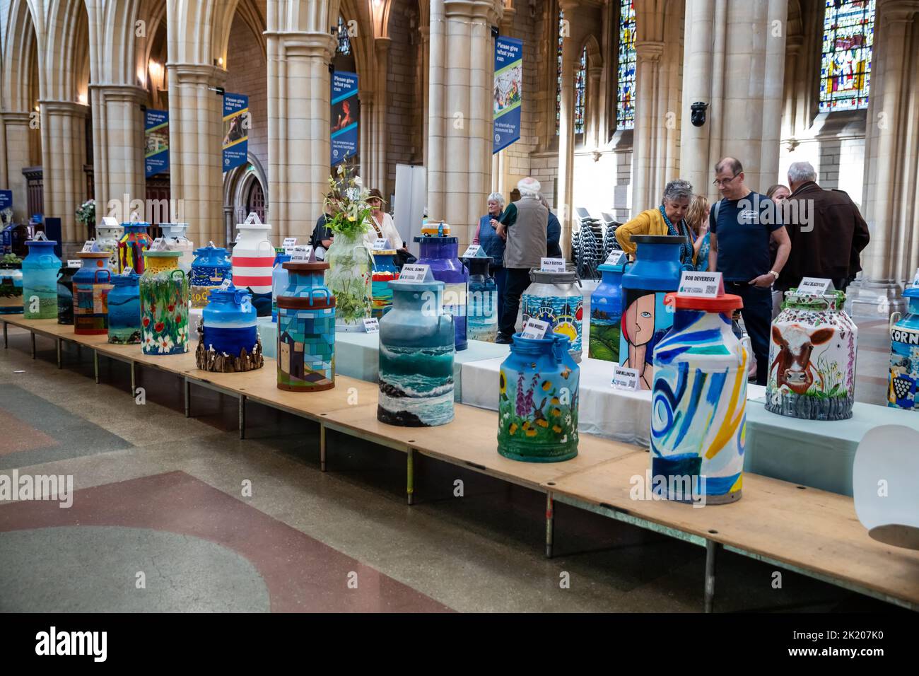 Truro,Cornwall,UK,21st September 2022,Around Cornwall in 38 churns is a passionately created project by Sue Dennett to raise funds for Cornwall Hospice Care whilst showcasing Cornwall’s very talented artists and also highlighting many stunning locations across the county. The churns have been on display all across the county before being showcased today in Truro Cathedral then auctioned this Evening.Credit: Keith Larby/Alamy Live News Stock Photo