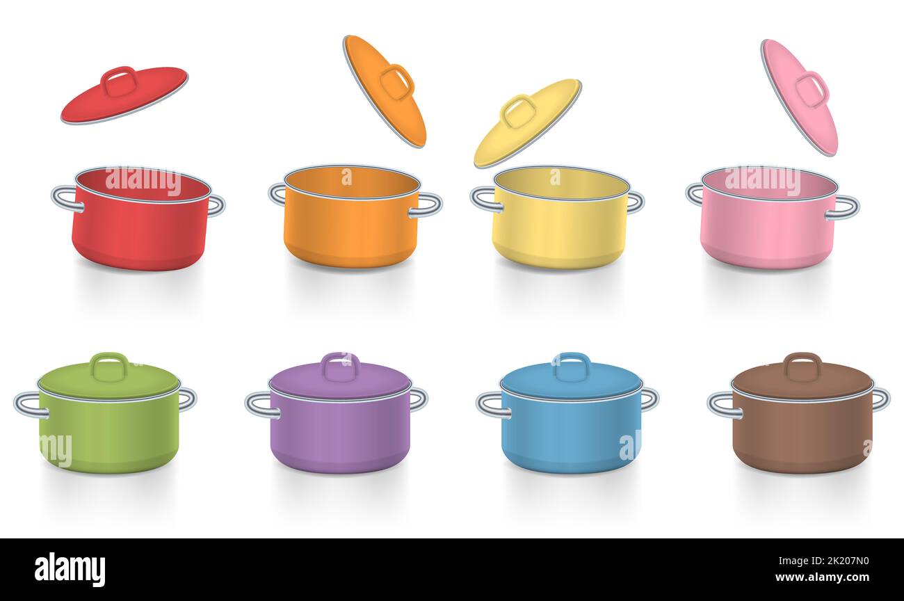 Colorful saucepots, enamel cooking pots with raised and covered lids, colored collection, symbol for cooking fun, varied diet, clatter of dishes. Stock Photo