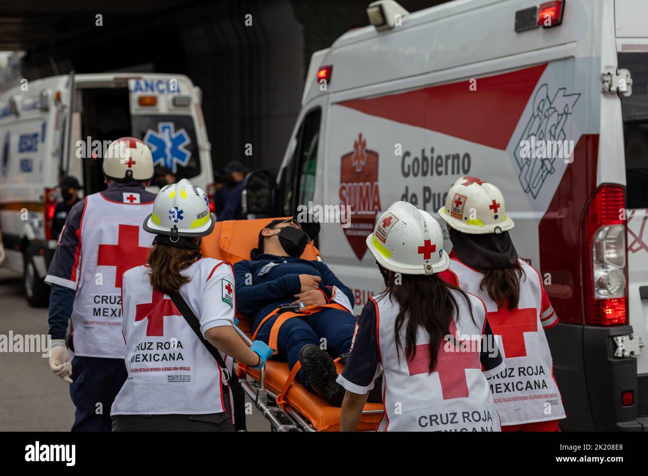 Emergency forces participated in a drill at the Juárez-Serdán road interchange to commemorate the earthquakes of September 19, 1985 and 2017. Stock Photo