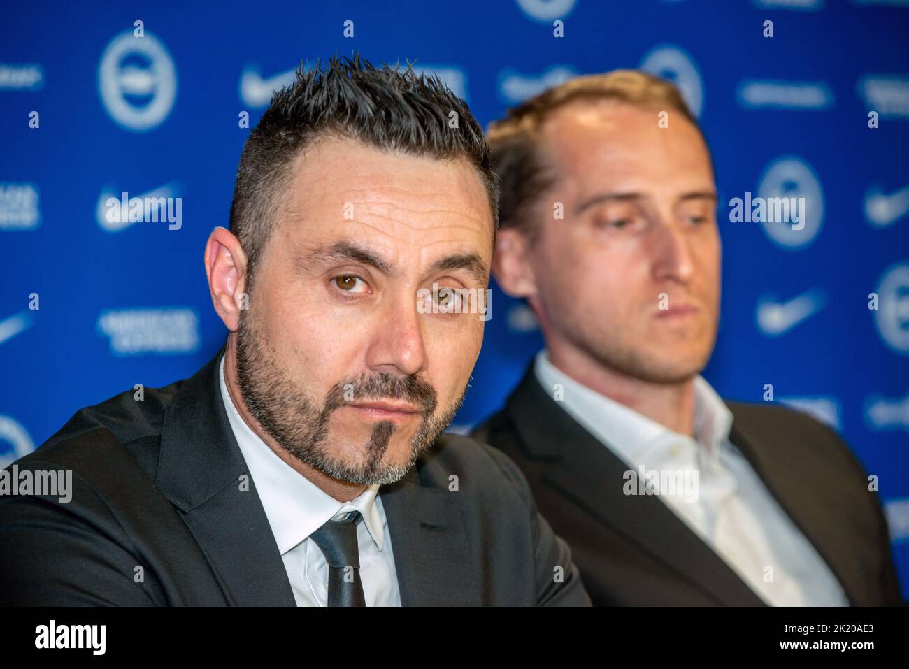 Brighton, September 20th 2022: Brighton and Hove Albion FC's new manager Roberto de Zerbi is introduced to the press this afternoon at the club's trai Stock Photo