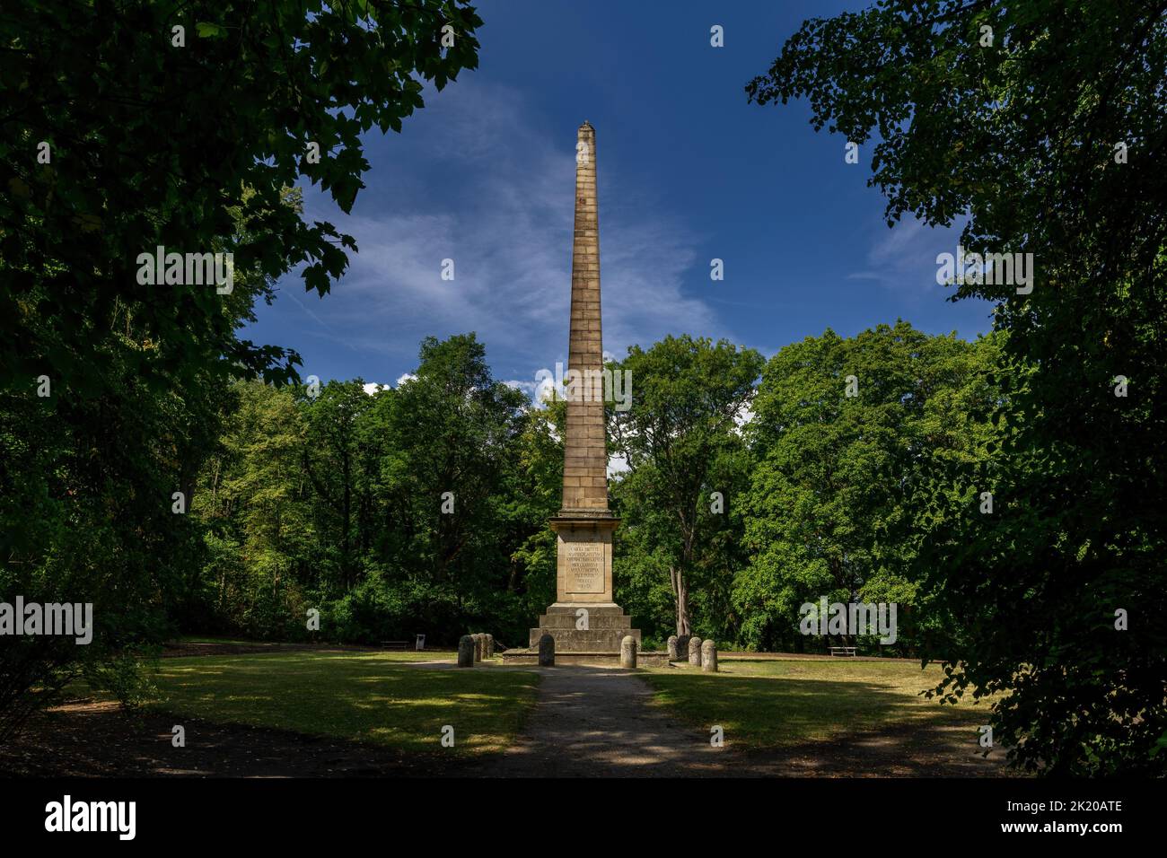Obelisk erected to commemorate the Battle of Amberg 1796 victory of Austria over France - chateau park in Krásný Dvůr - Czech Republic, Europe - Stock Image