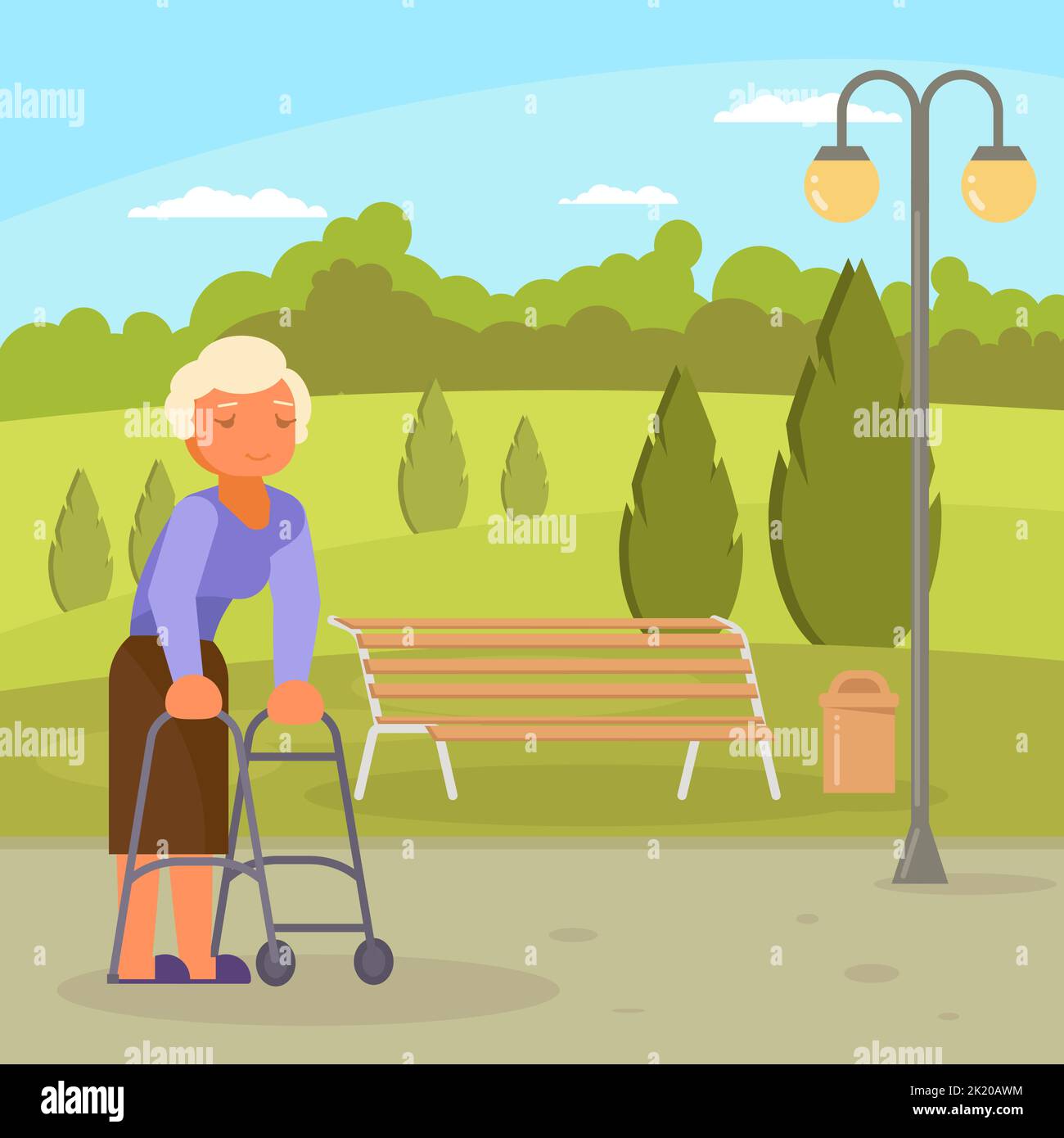 Vector disabled senior woman with walking frame Stock Vector