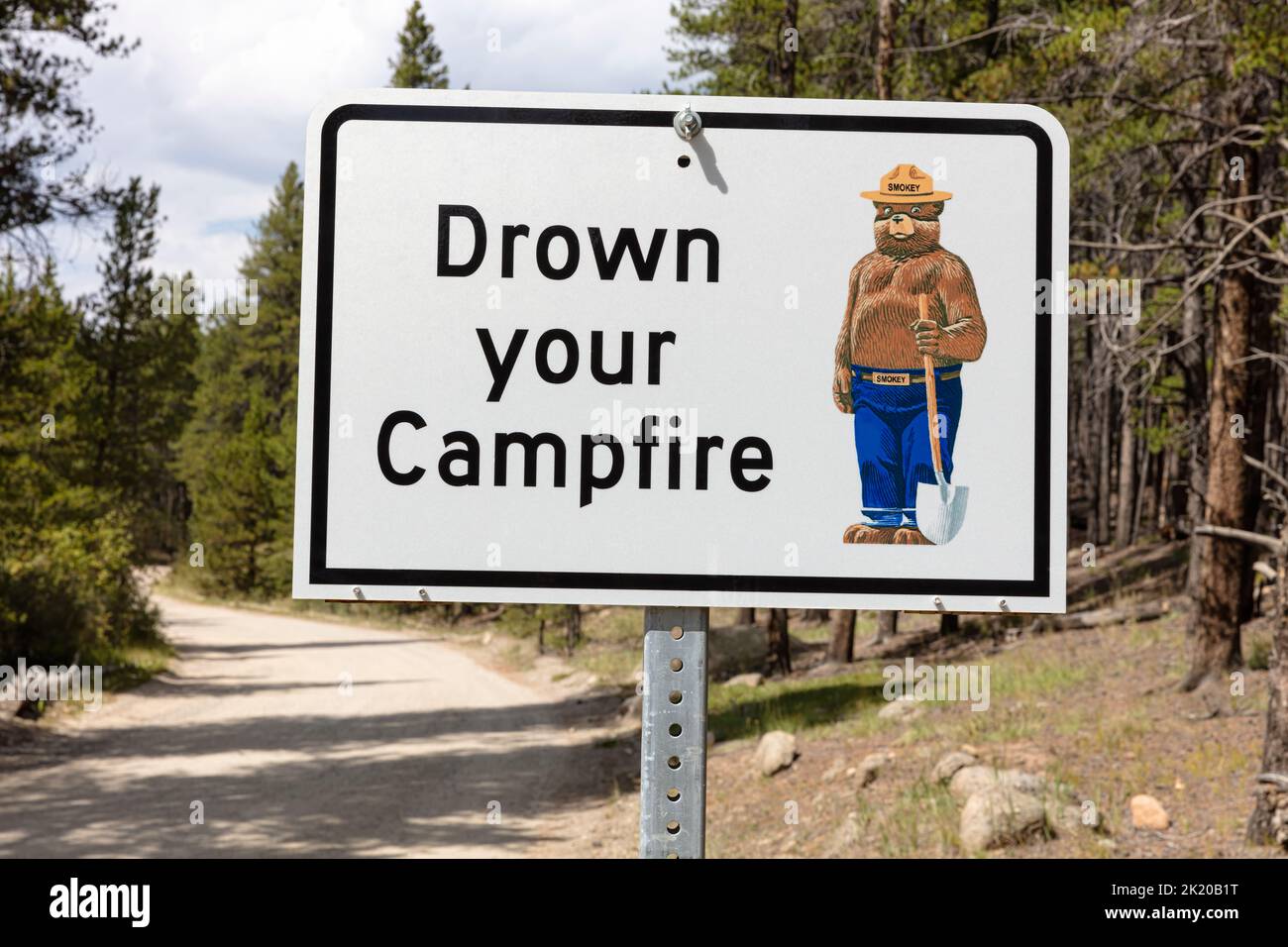 Smokey Bear sign, Drown your Campfire, Colorado, USA. Stock Photo