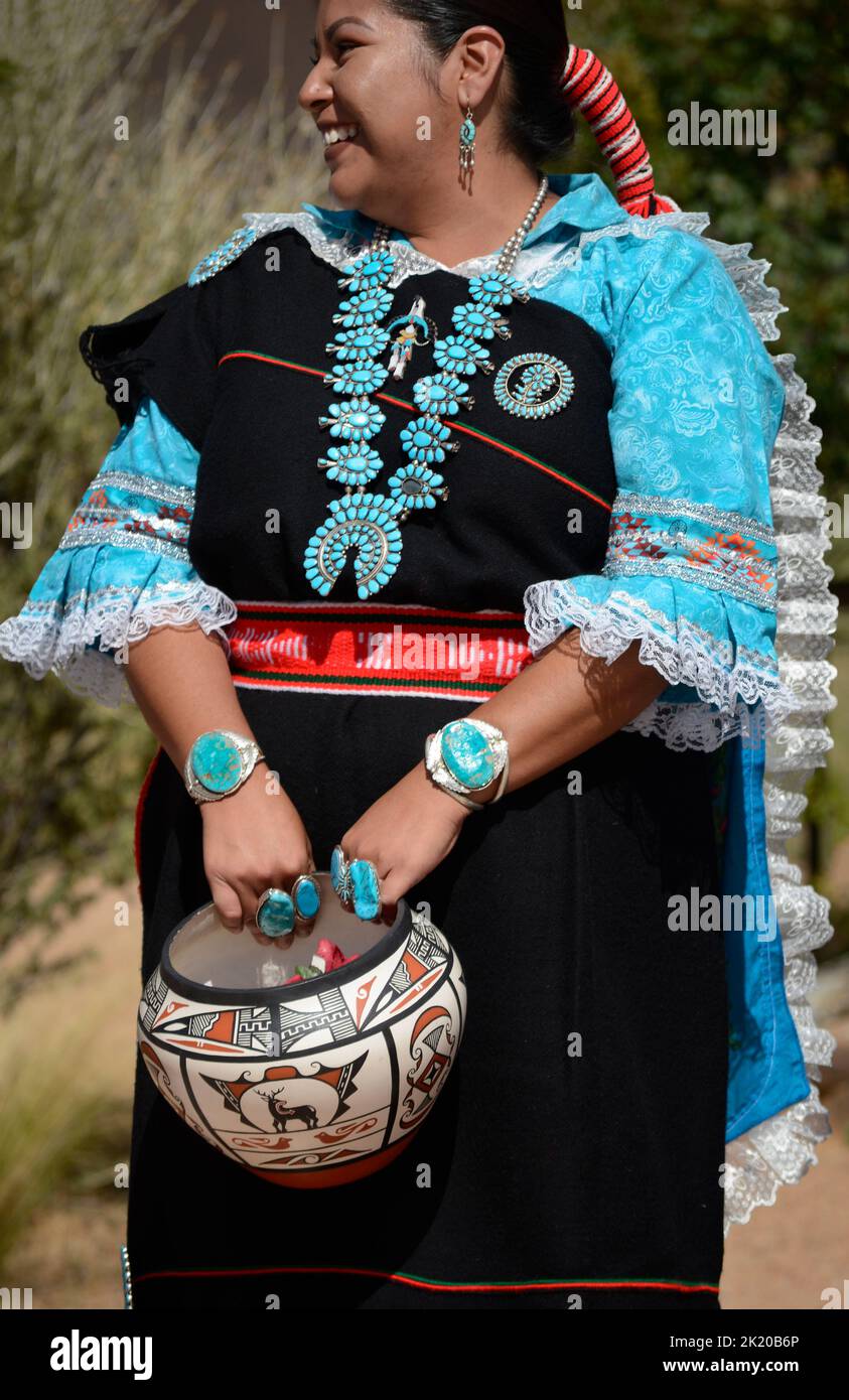 Native American members of the Zuni Olla Maidens from the Zuni Pueblo near Gallup, New Mexico, perform in a public event in Santa Fe, New Mexico. Stock Photo