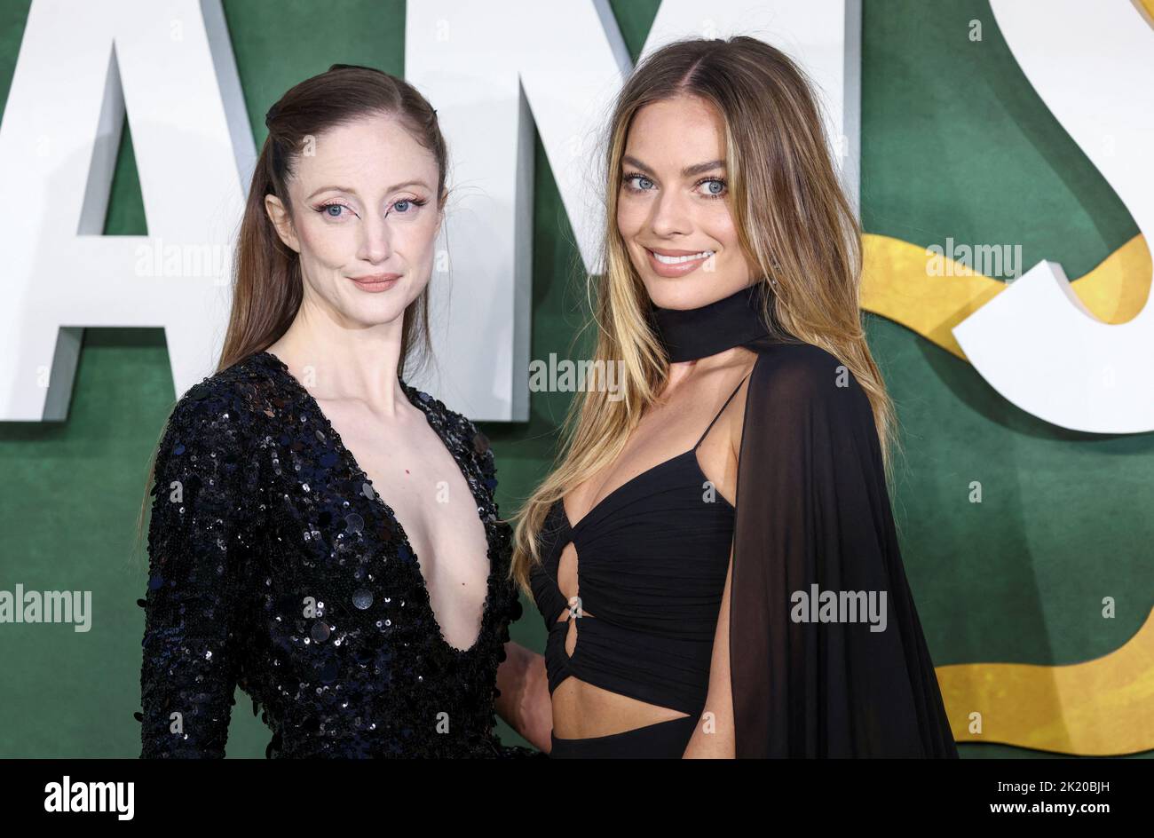Cast members Andrea Riseborough and Margot Robbie attends the European premiere of the film 'Amsterdam', in London, Britain September 21, 2022. REUTERS/Tom Nicholson Stock Photo