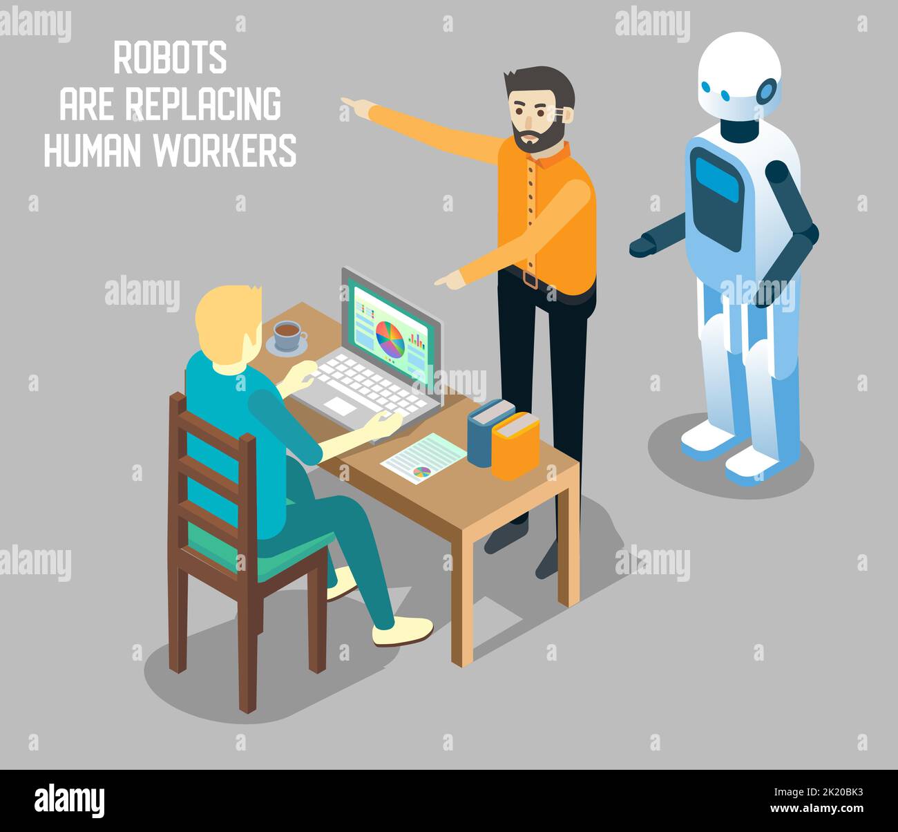 Robot vs human labor vector isometric illustration Stock Vector Image