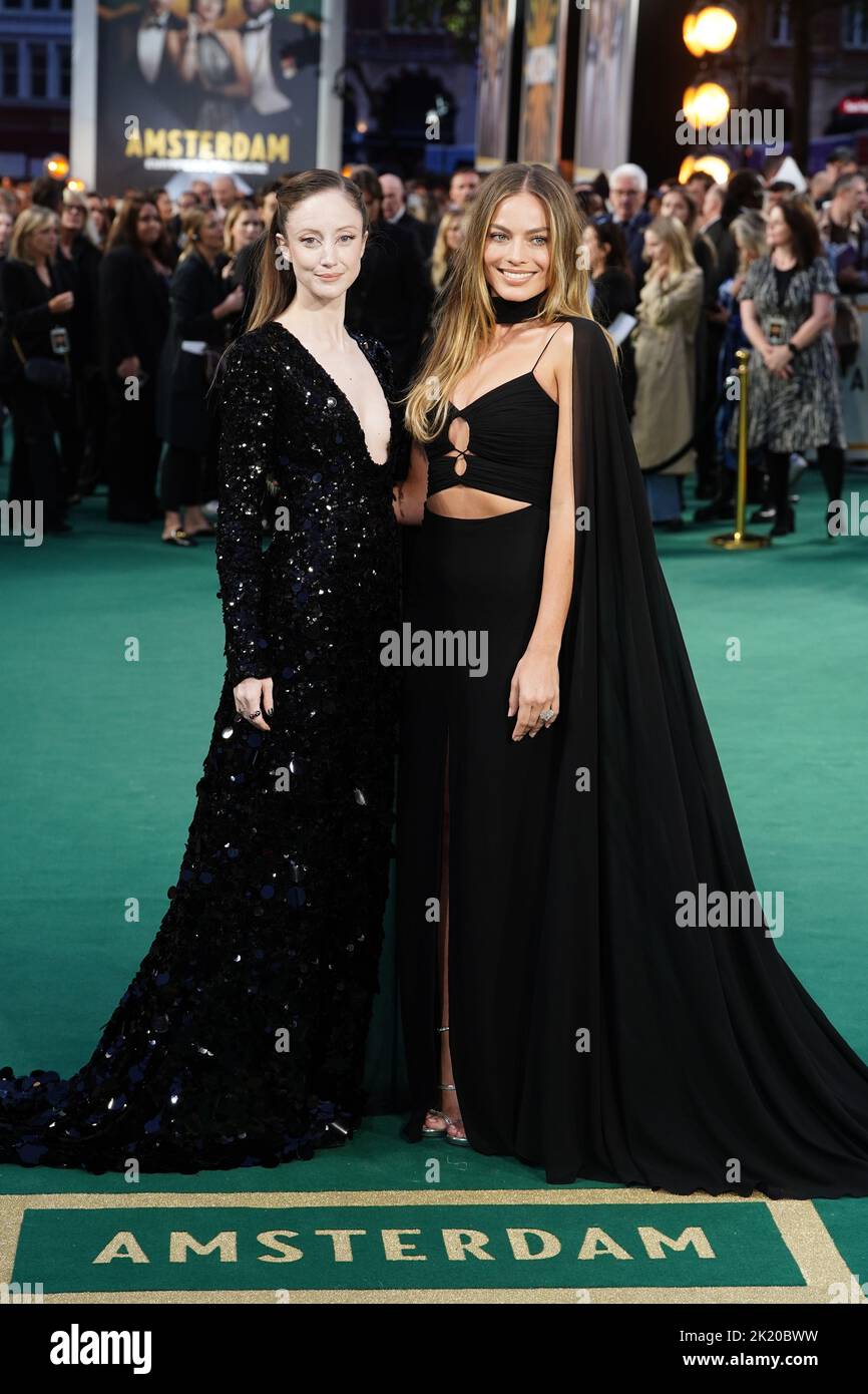 Andrea Riseborough and Margot Robbie attends the European premiere of Amsterdam at the Odeon Luxe Leicester Square, London. Picture date: Wednesday September 21, 2022. Stock Photo