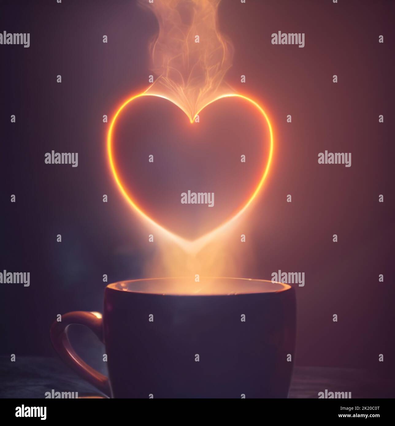 A fresh cup of coffee or hot drink with a glowing heart shape made from