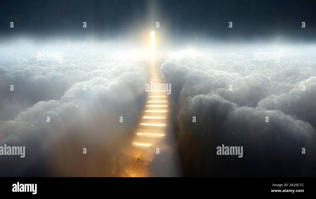 Steps to Heaven, a golden staircase in the clouds leads to the gates of Heaven. Afterlife, paradise concept. Stock Photo